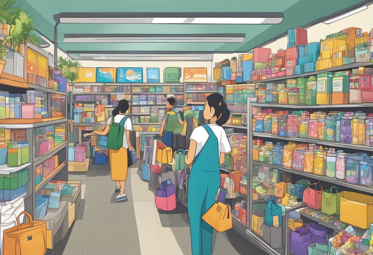 A bustling value shop in Singapore with colorful displays of household items, electronics, and stationery. Customers browse shelves filled with affordable products while friendly staff assist with inquiries