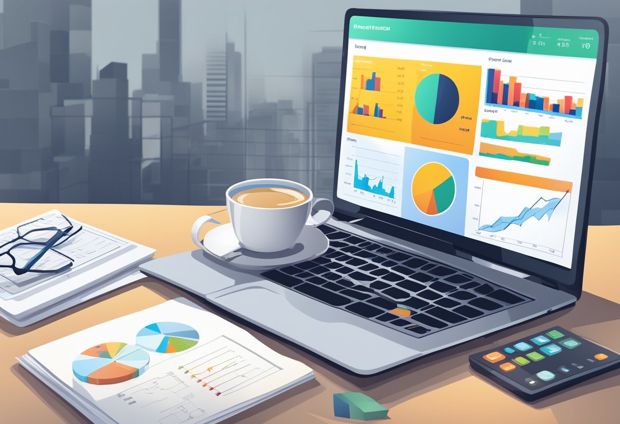 A table with financial data charts and graphs, a laptop displaying stock prices, and a cup of coffee