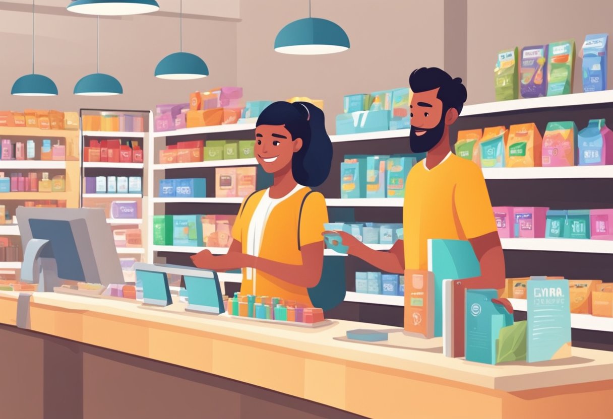 Customers browse shelves in a modern, well-lit store. Colorful products and signage create a vibrant atmosphere. A friendly cashier assists at the checkout counter