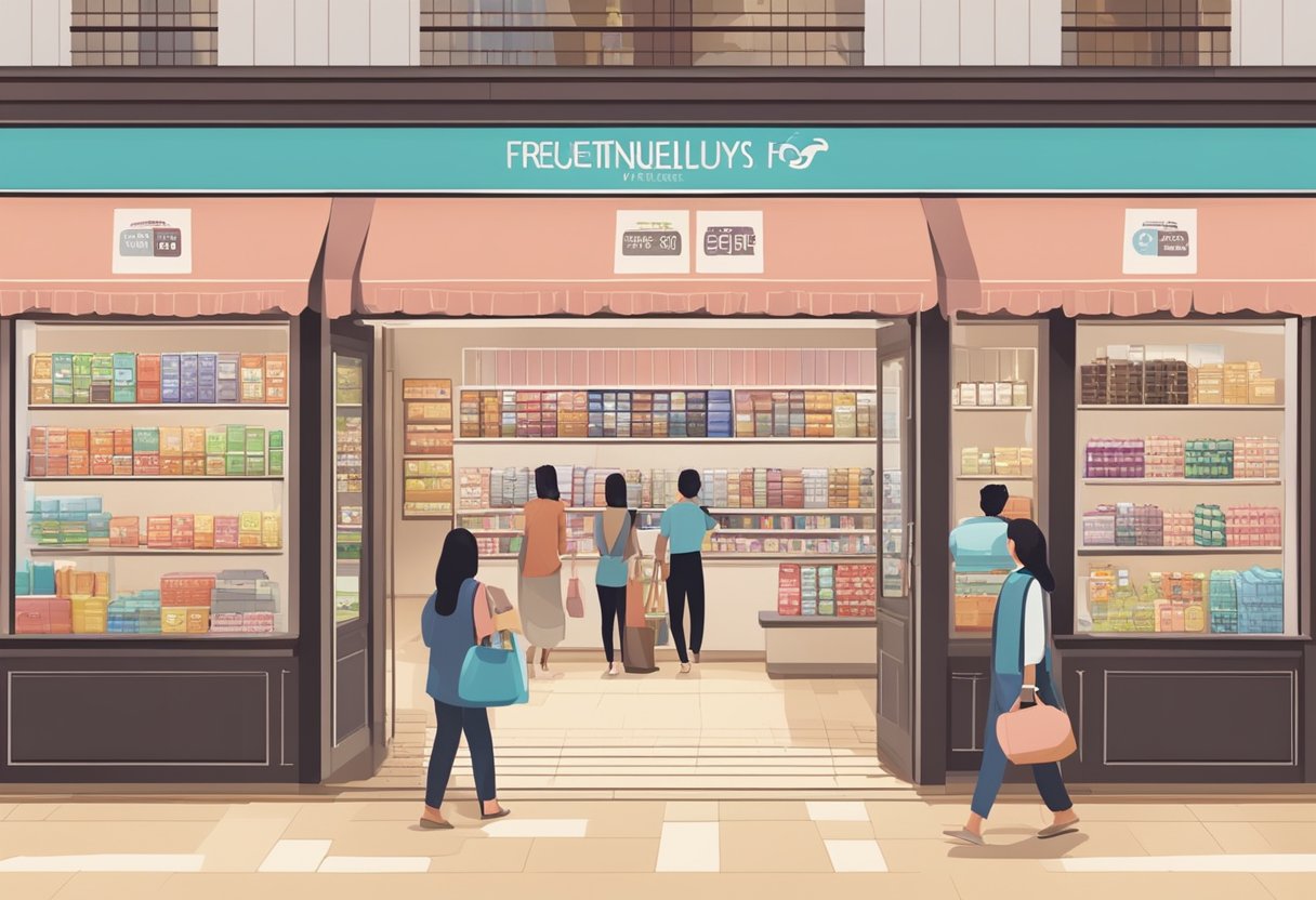 A busy shop with customers browsing shelves of products, a sign displaying "Frequently Asked Questions value shop singapore" prominently at the entrance