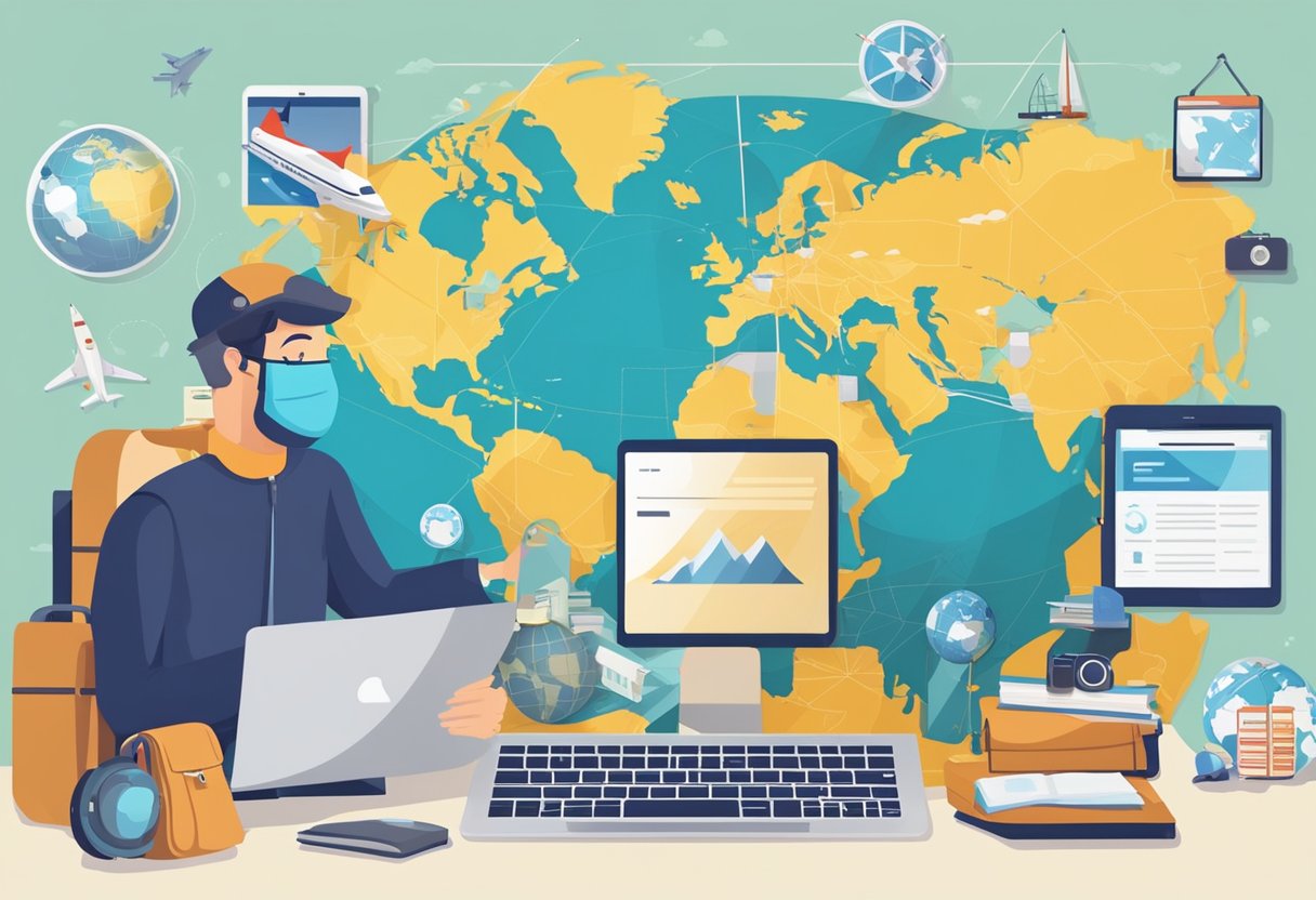 A traveler booking a trip online, surrounded by a globe, passport, and various transportation options