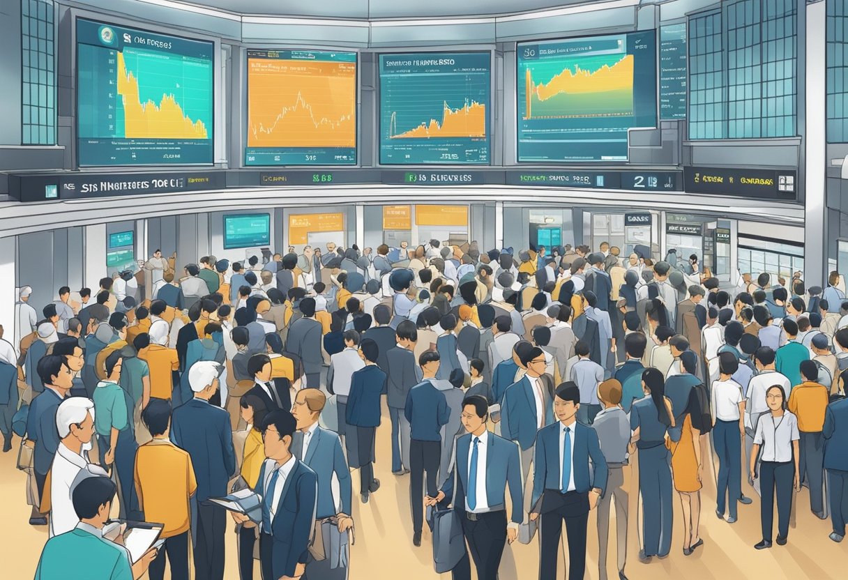 A bustling Singapore stock exchange with investors discussing good dividend stocks