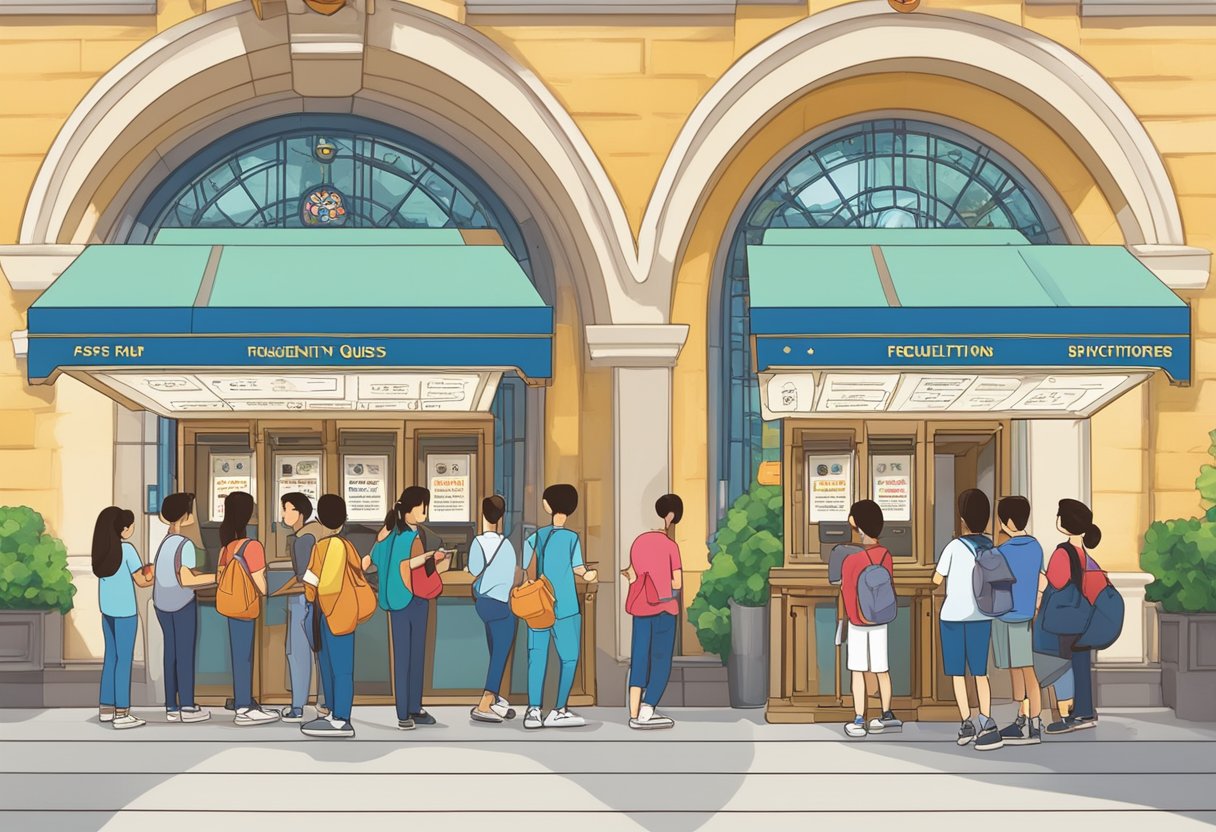 Visitors lining up at Universal Studios Singapore ticket booth, holding annual pass brochures, with a sign reading "Frequently Asked Questions" in the background