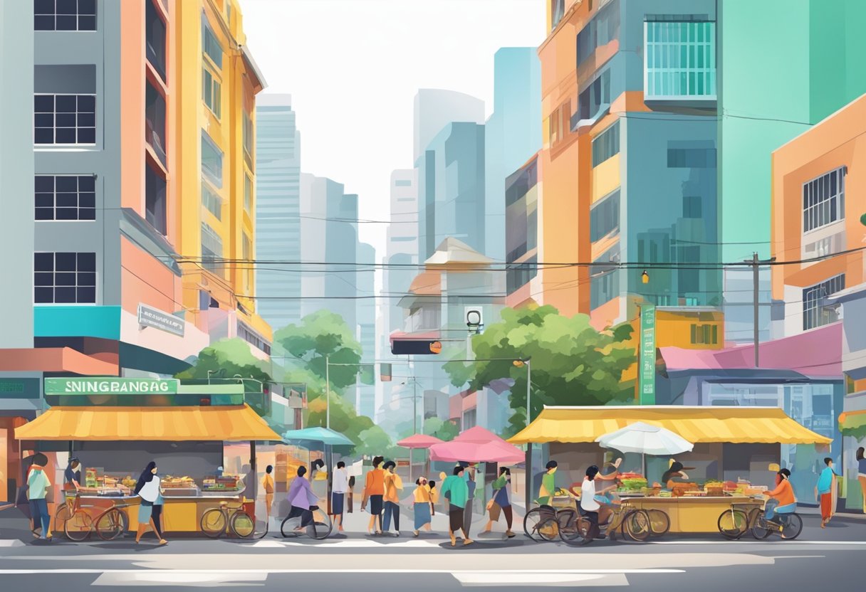 Busy street corner in Singapore, with colorful buildings and bustling traffic. Pedestrians cross the intersection while vendors sell street food