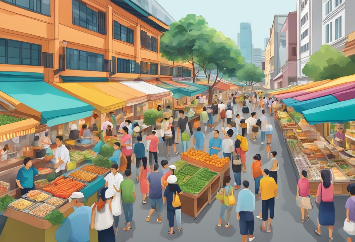 A bustling outdoor market with colorful food stalls and lively customers in front of Esquina's Culinary Experience in Singapore