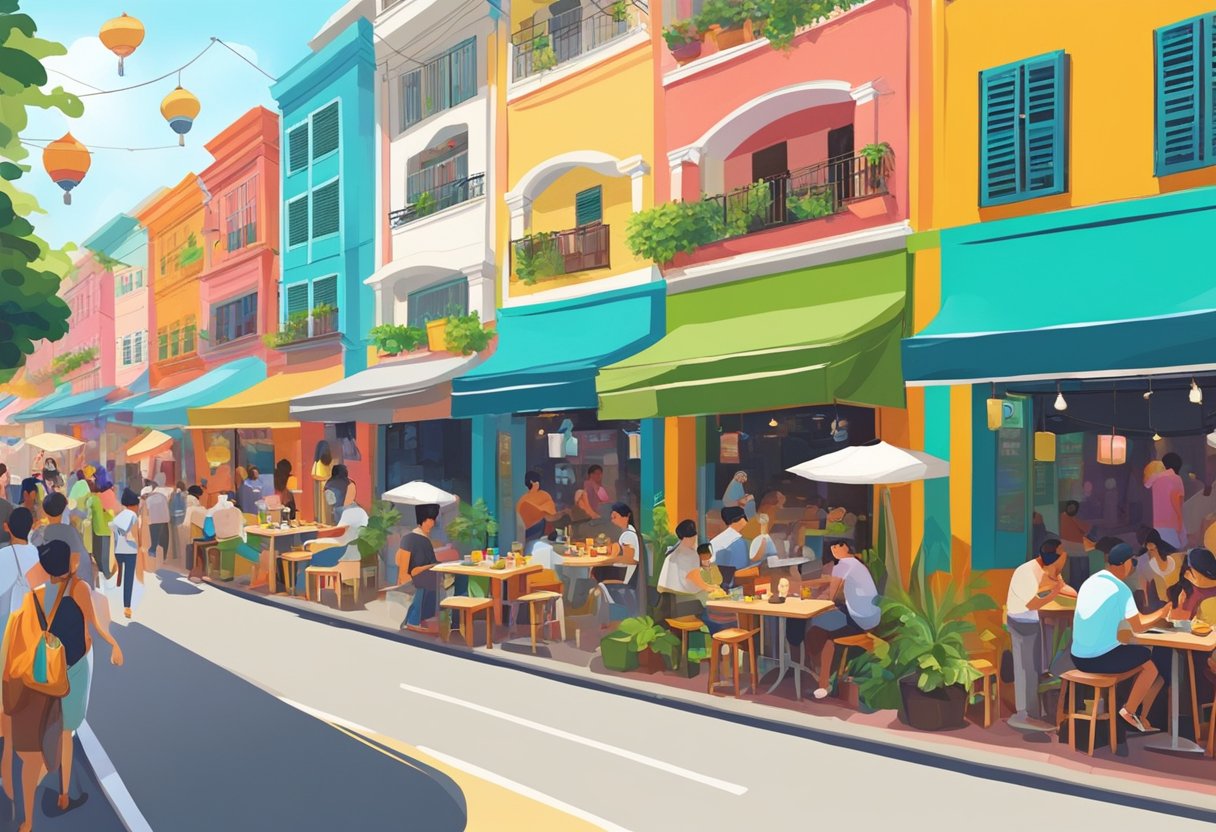 People enjoying the vibrant atmosphere of Esquina esquina Singapore, with colorful street art, bustling markets, and diverse food stalls