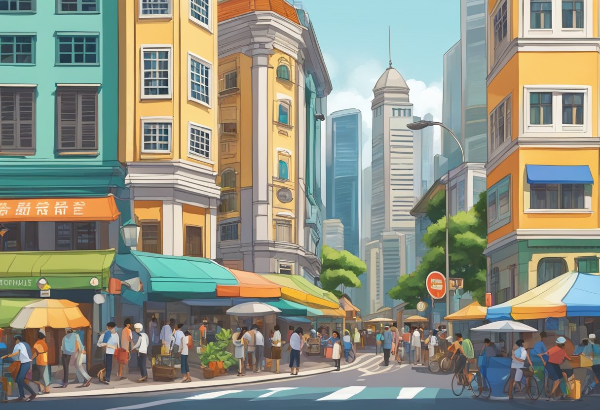 A bustling street corner in Singapore, with a prominent sign for "Frequently Asked Questions" against a backdrop of colorful buildings and bustling activity