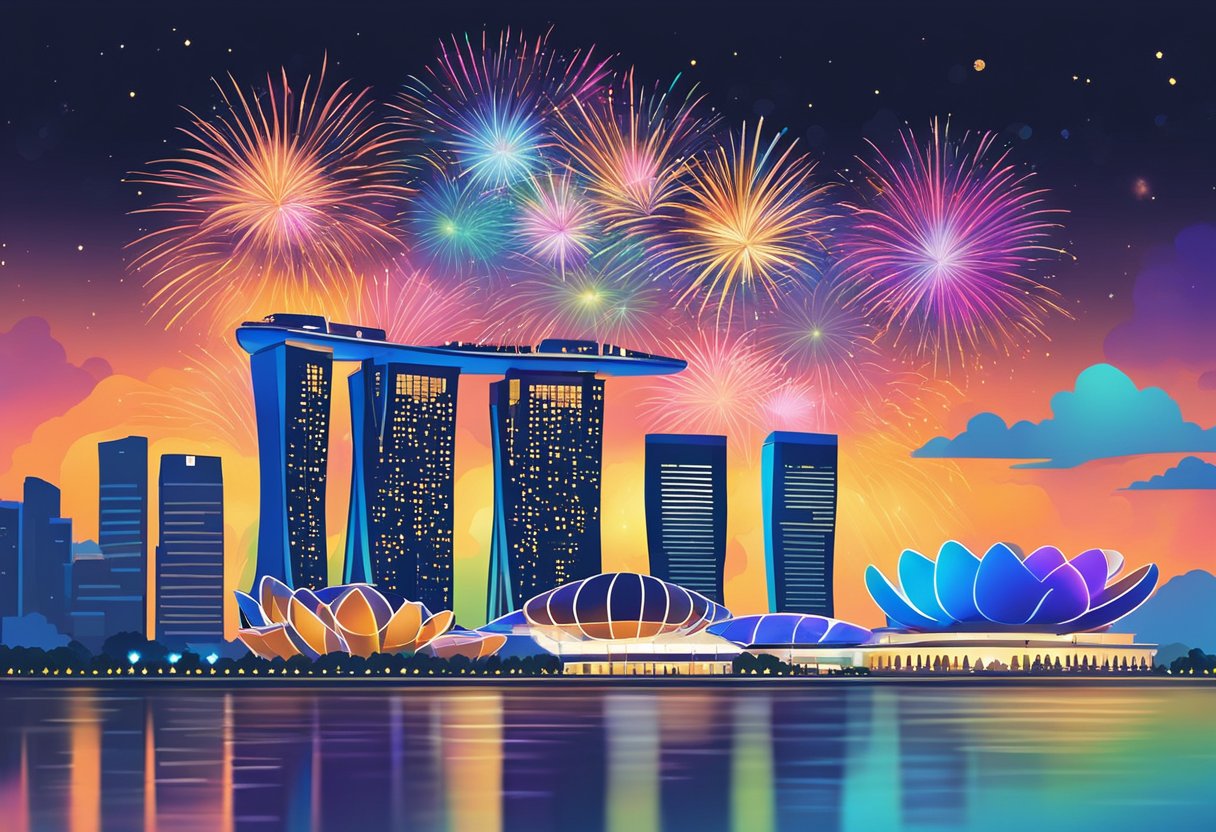 Colorful fireworks light up the night sky over Singapore. The vibrant display reflects in the water below