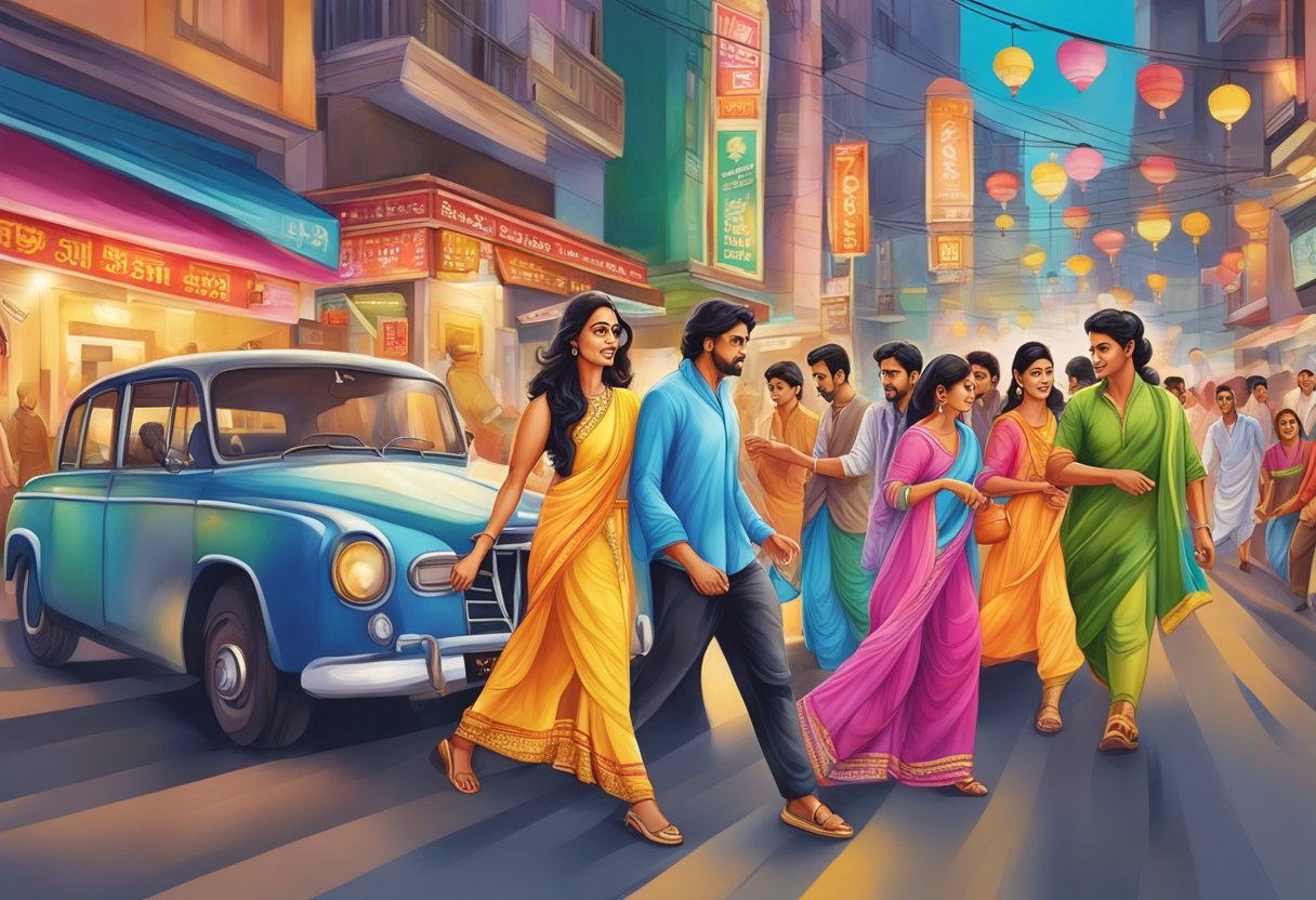 A colorful Bollywood movie poster in the bustling streets of Singapore