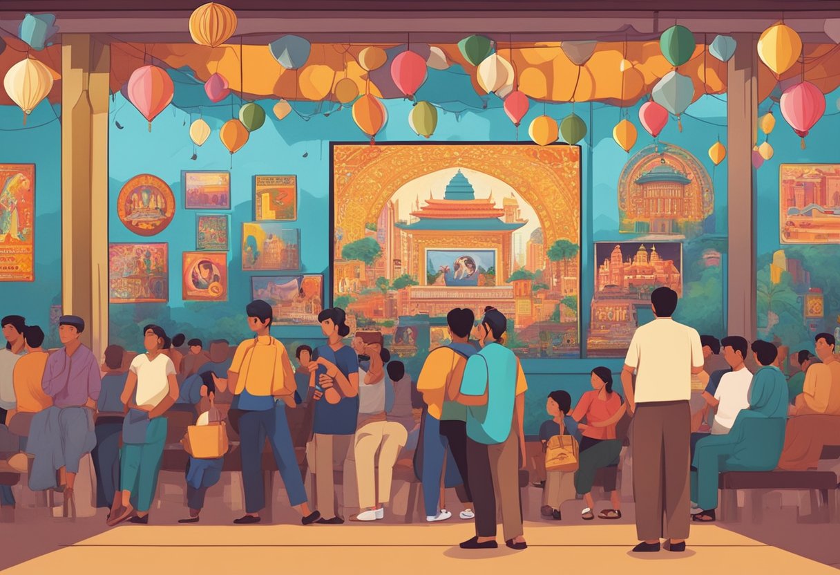 People in Singapore watching Hindi cinema, with iconic movie posters and colorful decorations in the background