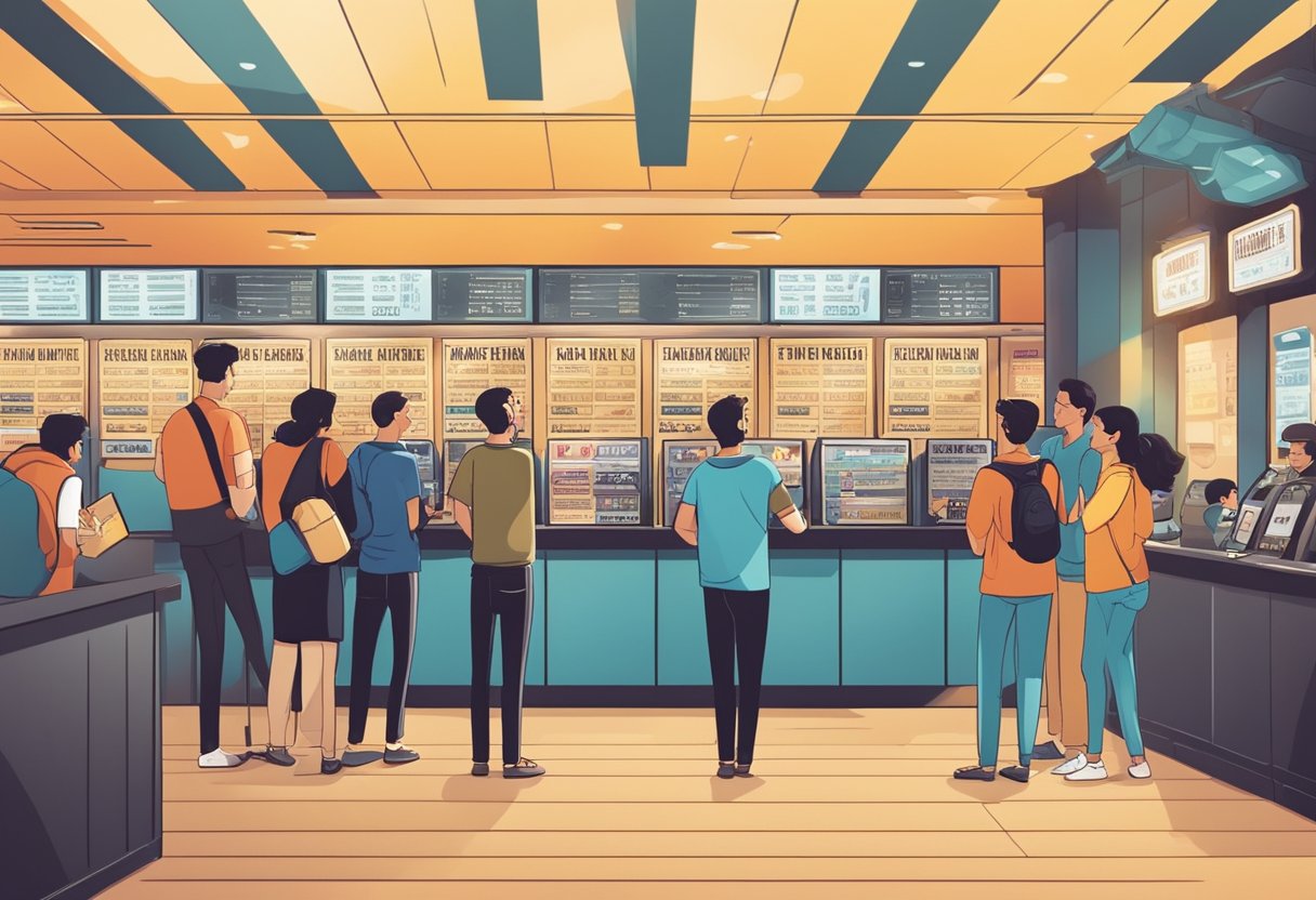 People discussing movie options at a cinema ticket counter. Movie posters and showtimes displayed on the wall. Excited chatter fills the air
