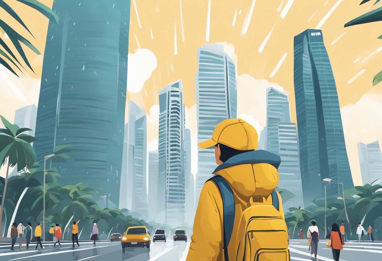 A person in a thick winter jacket walks through the bustling streets of Singapore, surrounded by skyscrapers and palm trees, as a light drizzle falls from the overcast sky