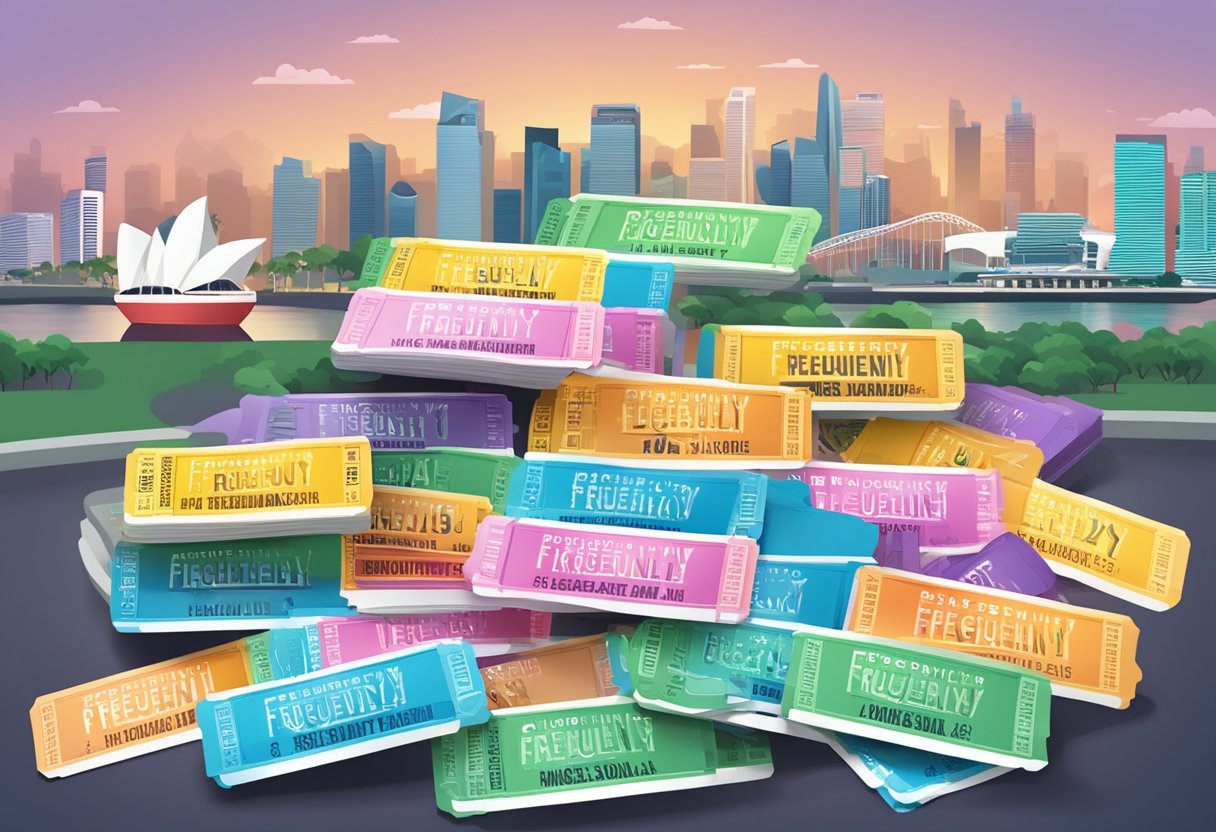 A stack of colorful movie tickets with "Frequently Asked Questions" written in bold font, set against the backdrop of the Singapore skyline