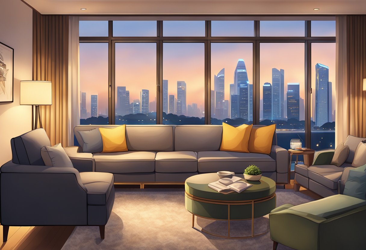 A cozy family room in a Singapore hotel, with warm lighting, comfortable furniture, and a view of the city skyline through the window