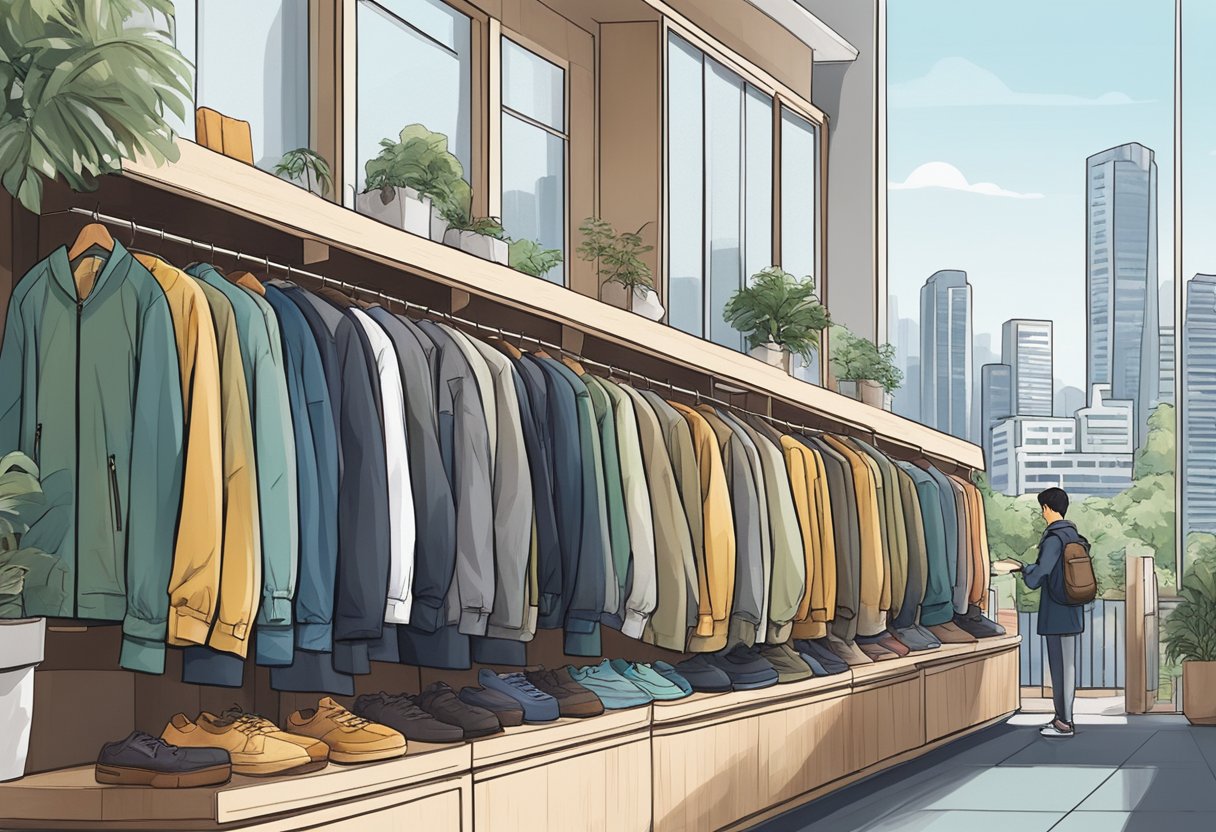A person browsing through lightweight, water-resistant jackets in a store, with a backdrop of sunny Singapore cityscape