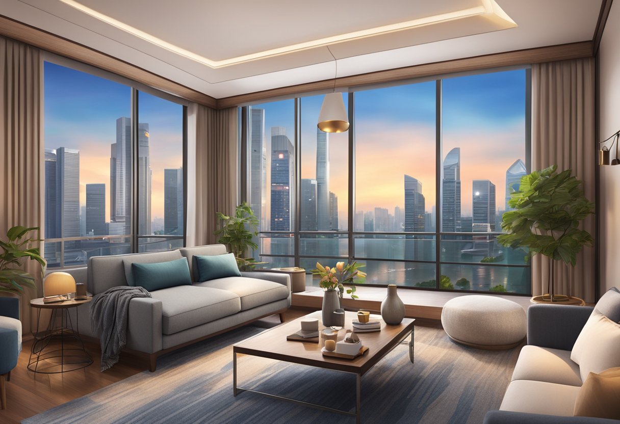 A cozy family room in a Singapore hotel, with a comfortable sofa, modern decor, and a stunning view of the city skyline