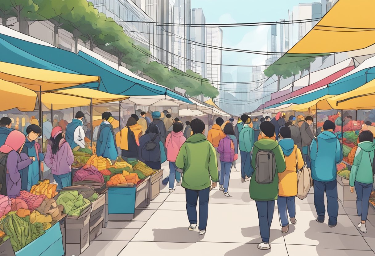 A bustling outdoor market in Singapore, with colorful stalls selling winter jackets. Shoppers browse through racks of insulated coats and try on different styles