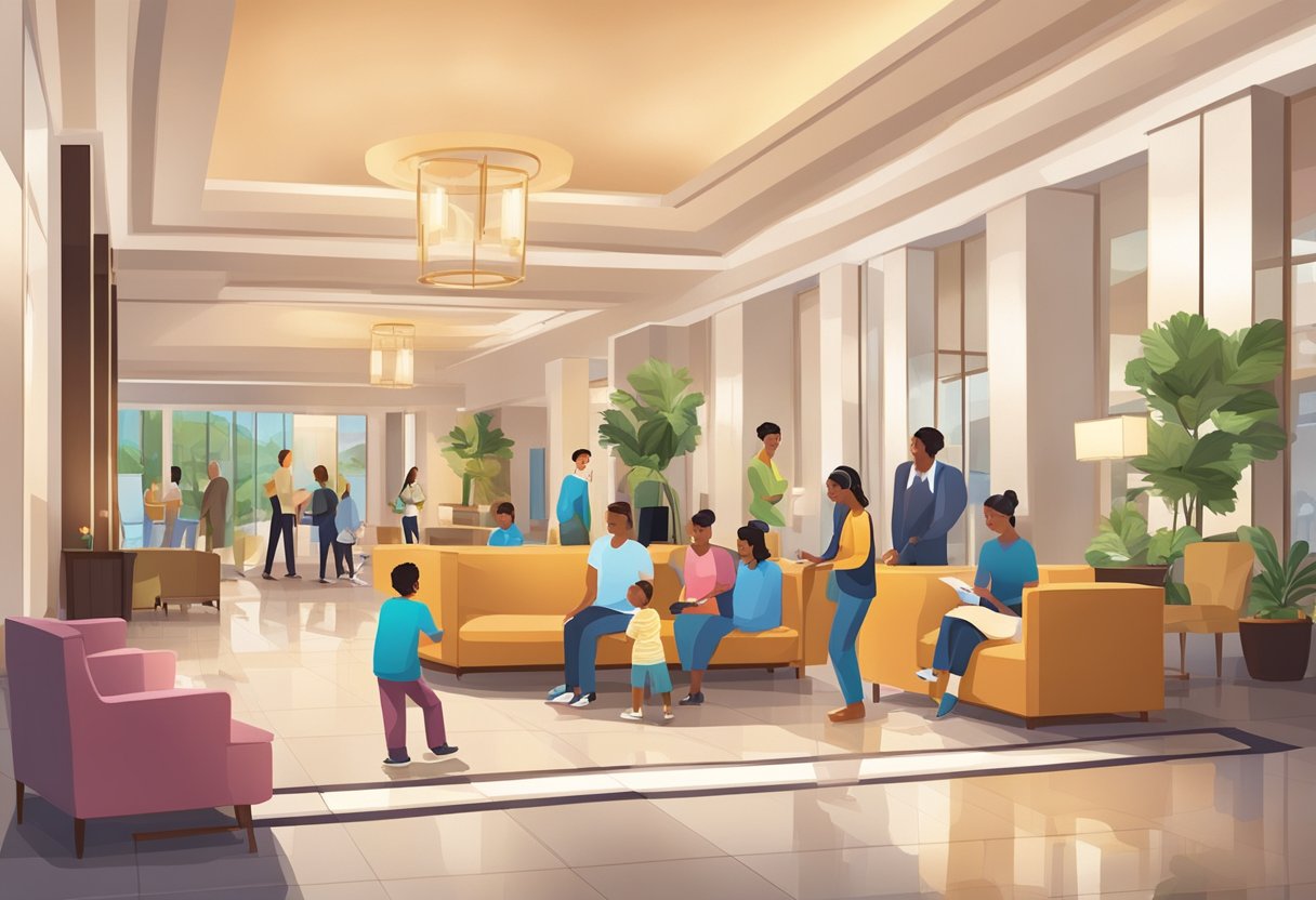 Families gather in hotel lobby, children play in designated area. Nearby, a concierge desk offers information on local attractions