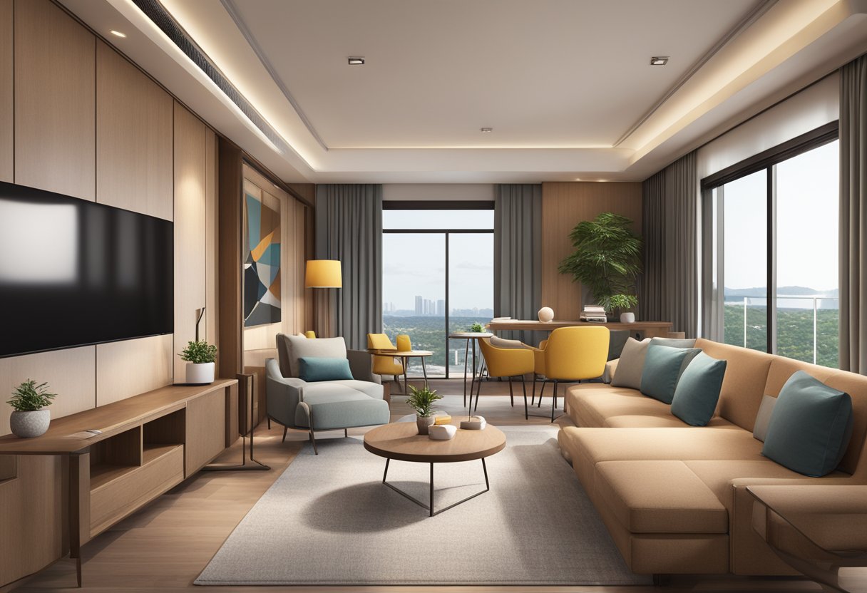 The family room in the Singapore hotel is cozy and inviting, with modern furnishings and a warm color scheme. The space is filled with comfortable seating and a large TV, perfect for relaxing and spending quality time together