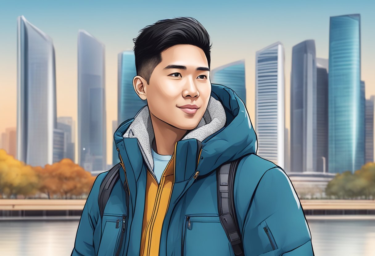 A person wearing a winter jacket in Singapore, with the city skyline in the background