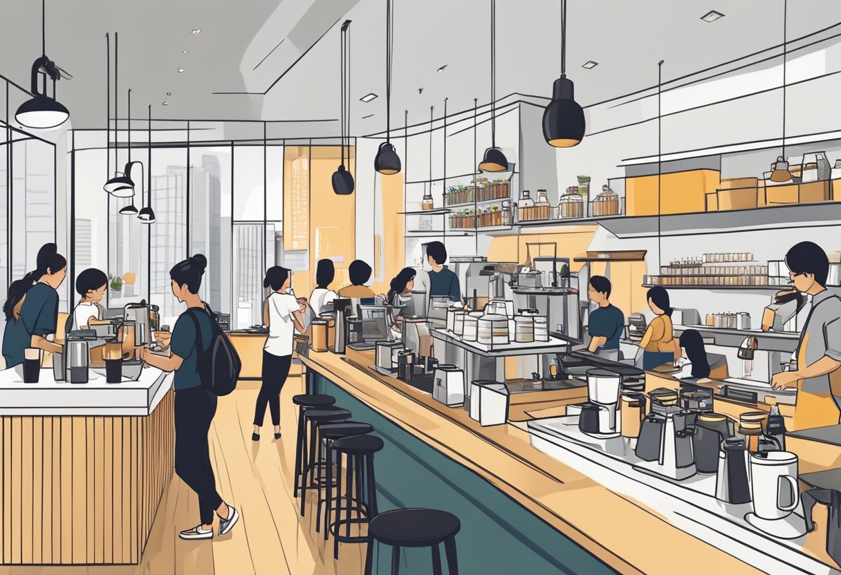 A bustling cafe in Singapore, with customers enjoying their freshly brewed flash coffee at sleek, modern tables. The baristas expertly prepare the drinks behind a gleaming counter, while the aroma of coffee fills the air