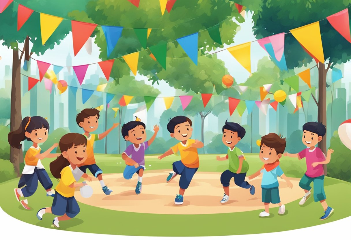 A group of children play traditional games in a park, surrounded by colorful decorations and flags for Youth Day Singapore
