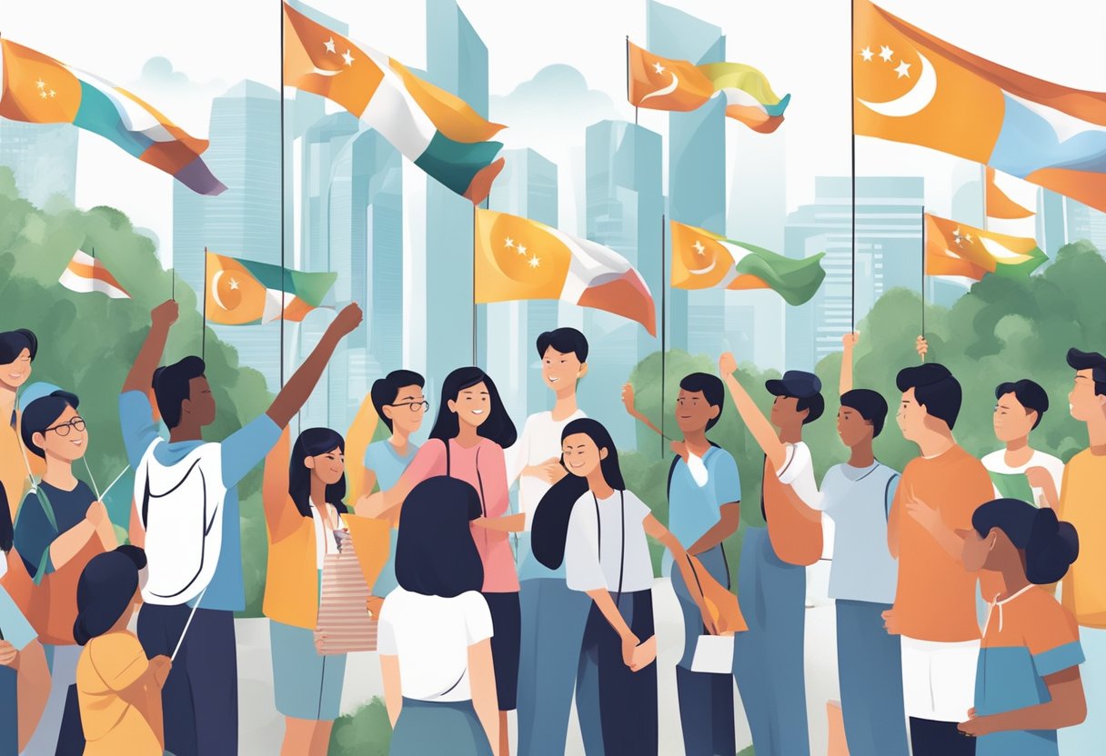 A group of diverse young people gather around a symbolic monument, celebrating Youth Day in Singapore with flags and banners
