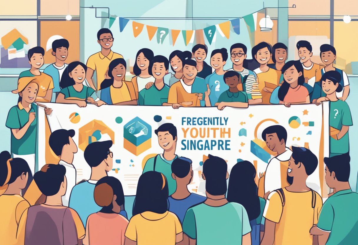 A group of young people gather around a banner that reads "Frequently Asked Questions Youth Day Singapore," with smiling faces and engaged expressions