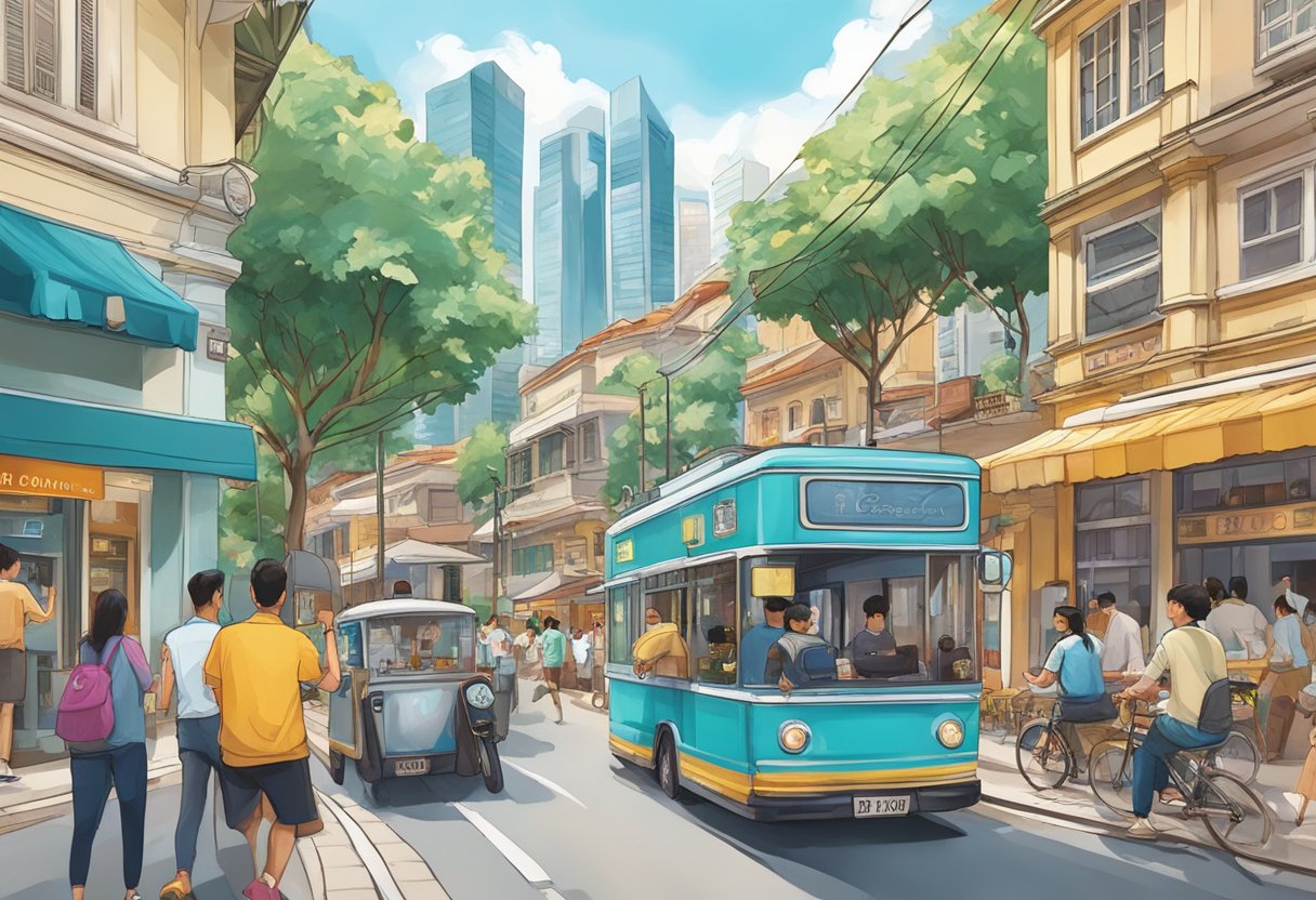Flash Coffee zips through bustling streets of Singapore, passing iconic landmarks and vibrant neighborhoods, with a steaming cup of coffee in hand