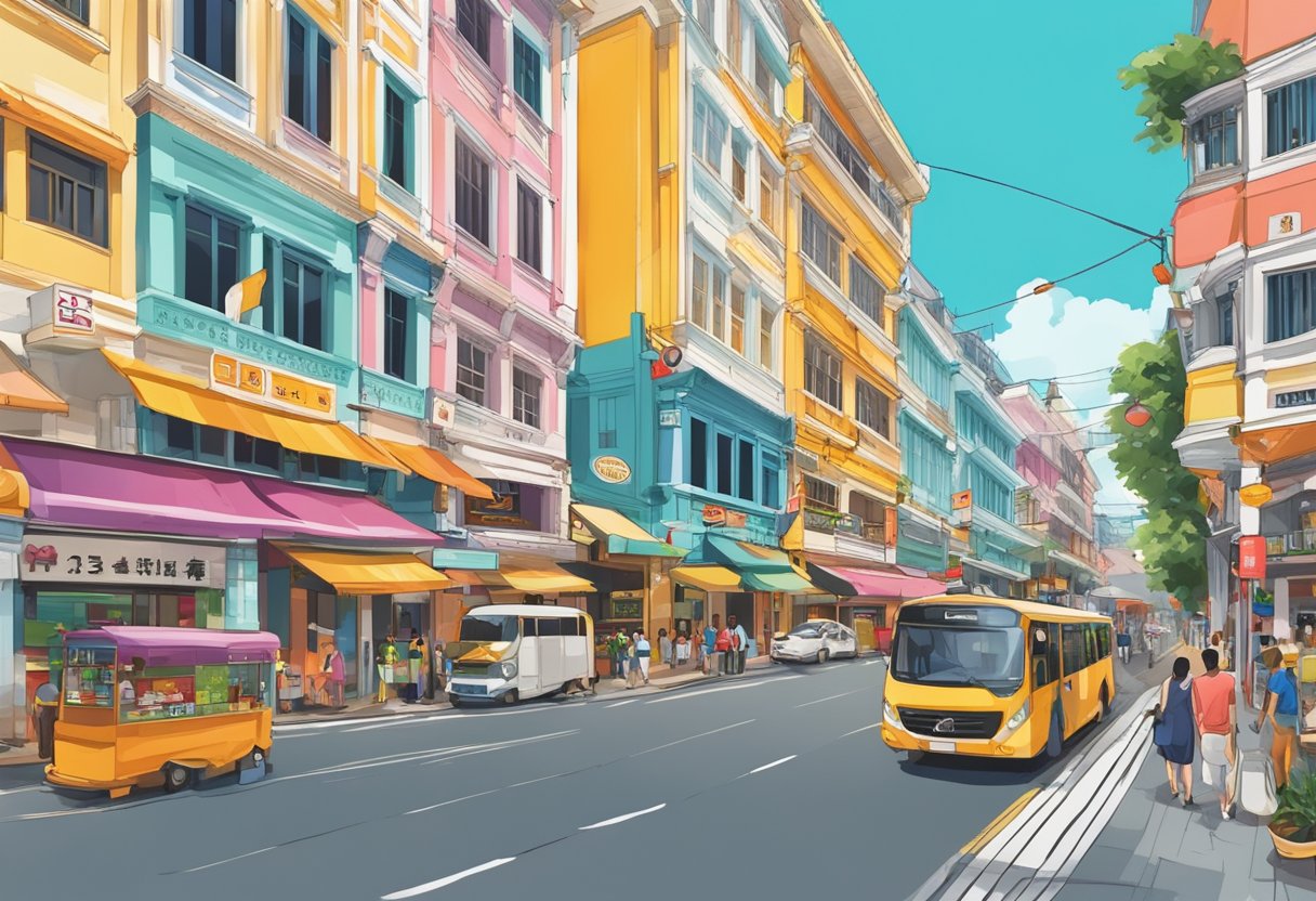 Colorful buildings line the bustling streets of Hotel Bugis, with vibrant signs and bustling activity creating a lively atmosphere in Singapore