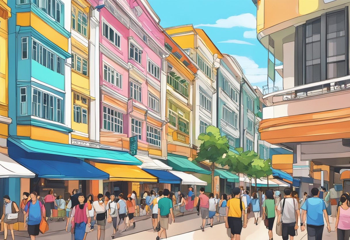 People wander past colorful hotels on bustling Bugis Street in Singapore