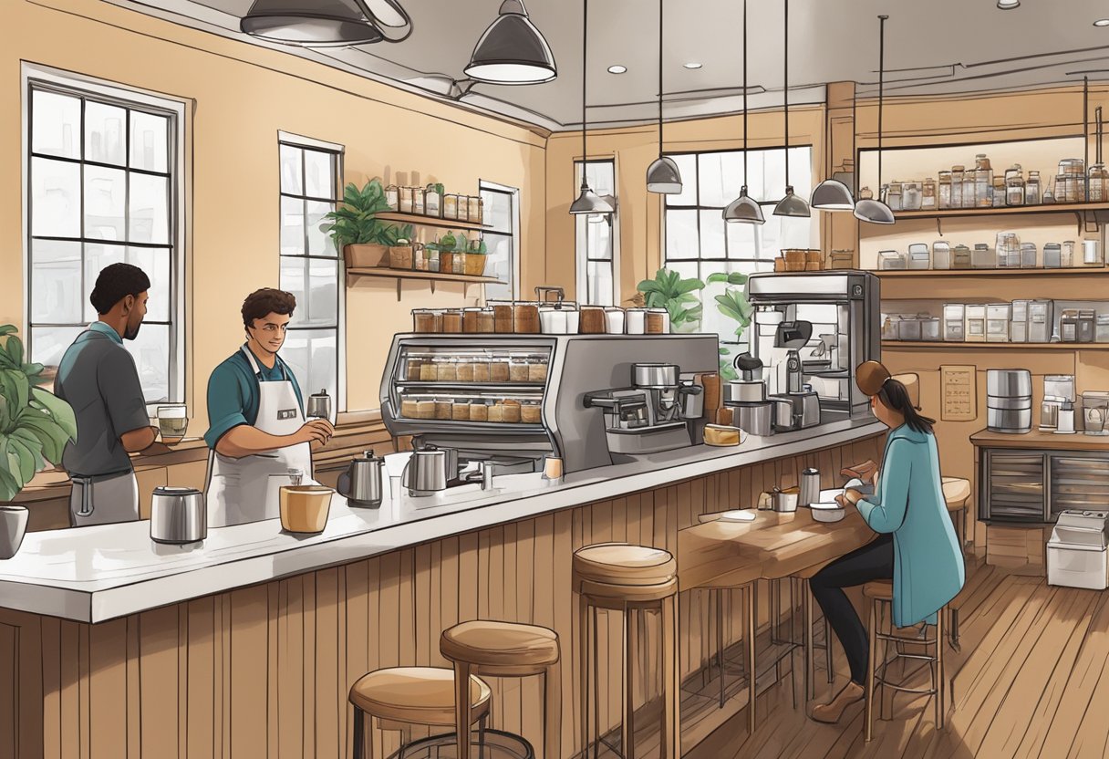 A bustling coffee shop with modern decor, filled with professionals engaged in lively conversations. The aroma of freshly brewed coffee fills the air, while baristas expertly craft beverages behind the sleek counter