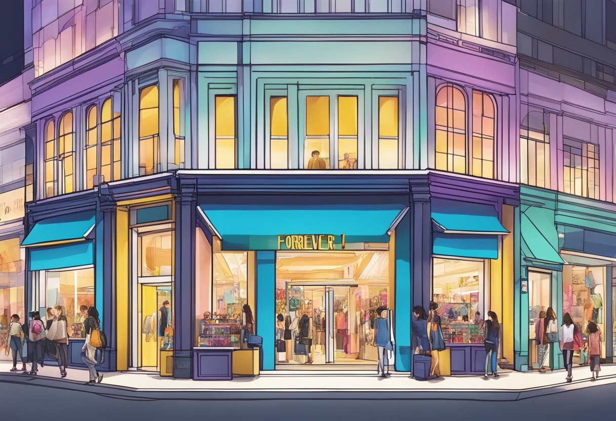 Vibrant storefront of Forever 21 Singapore, with bold signage and colorful window displays, bustling with shoppers and surrounded by city lights