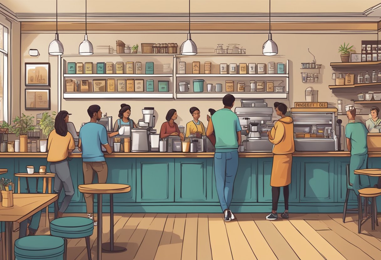 A bustling coffee shop with a prominent "Frequently Asked Questions" display, customers chatting, and baristas serving drinks at a counter