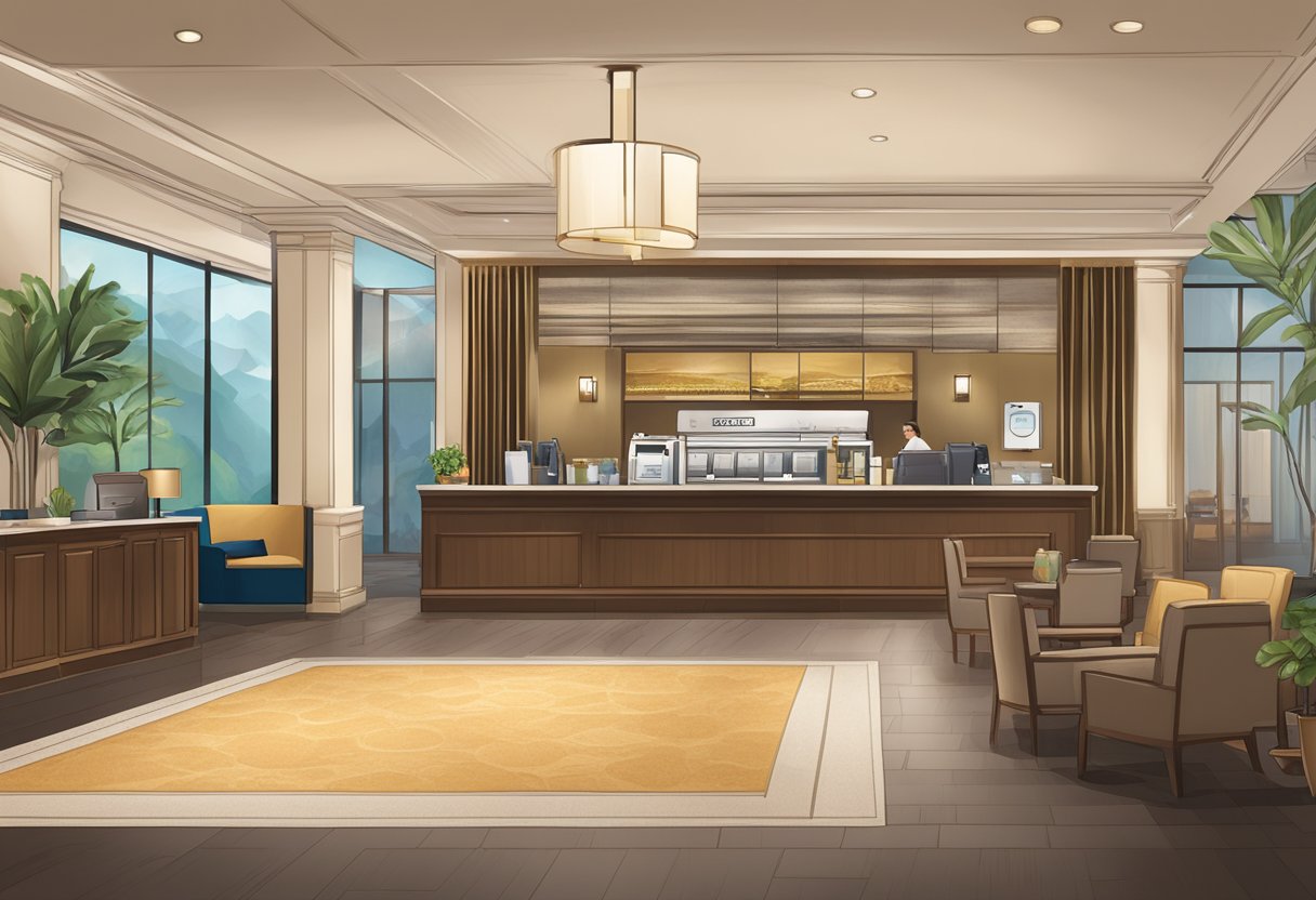 The hotel lobby is adorned with plush seating, a concierge desk, and a cozy cafe. A sign displays the range of services available, from room upgrades to laundry and dry cleaning