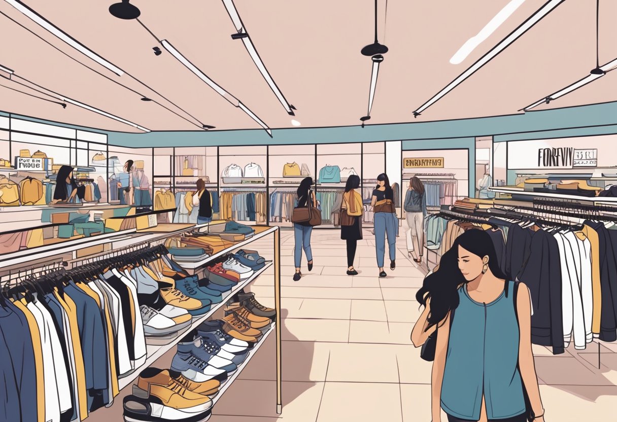 Customers browsing racks of trendy clothing, while signage advertises ongoing promotions at Forever 21 Singapore