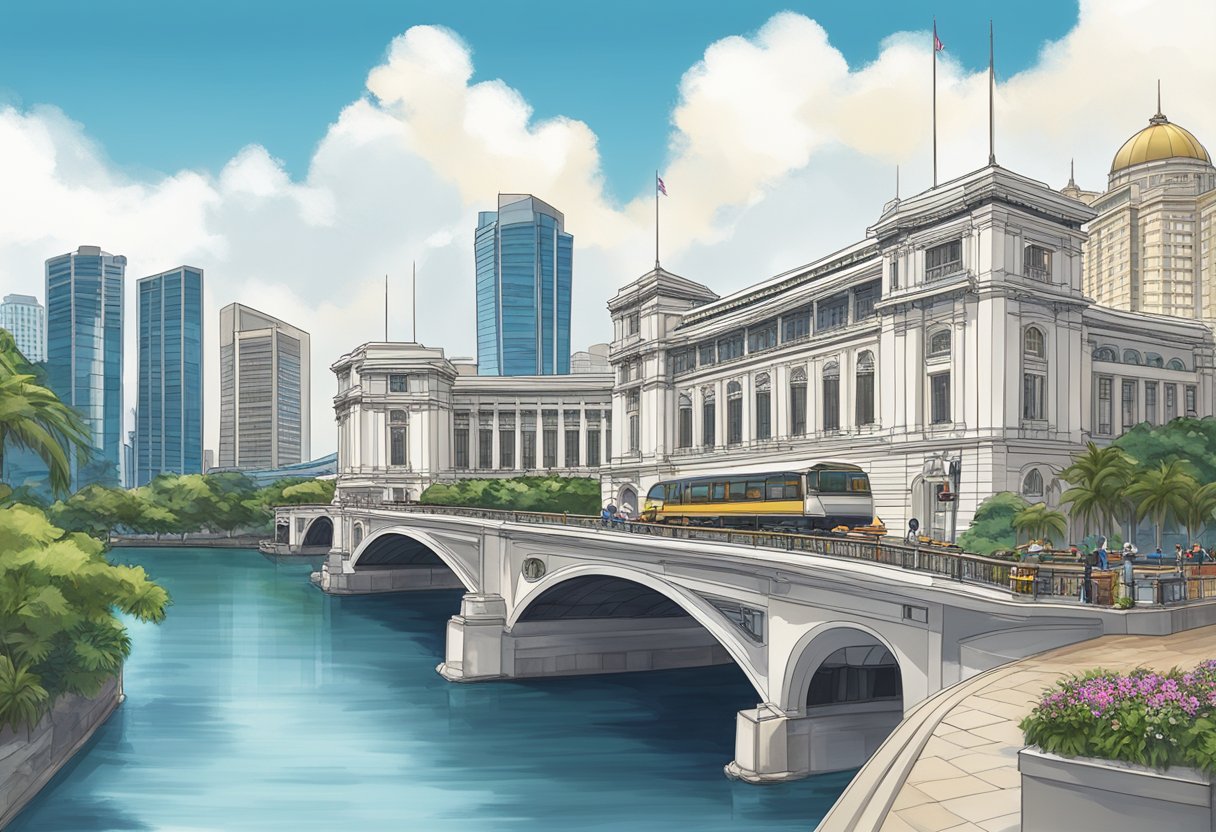 The iconic Fullerton Hotel in Singapore stands tall against a backdrop of modern skyscrapers, with the historic Cavenagh Bridge arching over the tranquil Singapore River