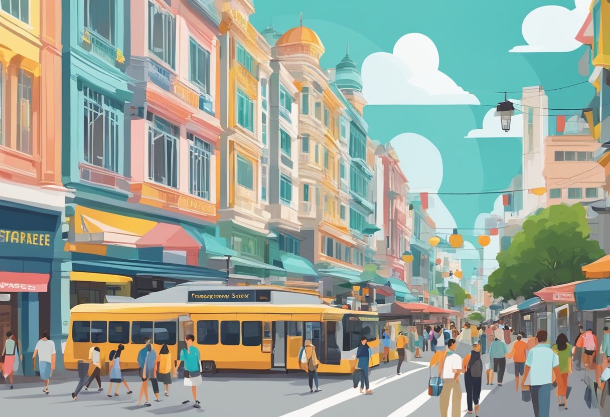 Busy street with colorful buildings, shops, and people. A sign reads "Frequently Asked Questions hotel bugis street singapore." Busy atmosphere with a mix of locals and tourists