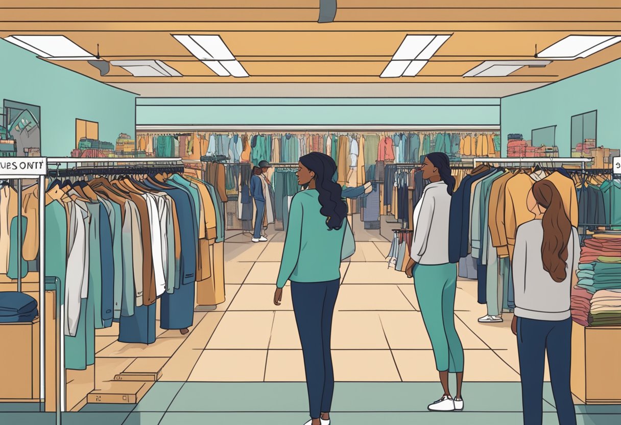 A busy store with customers browsing racks of clothing, a sign reading "Frequently Asked Questions" at the front