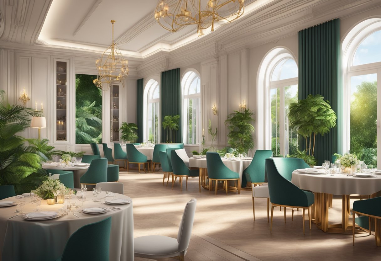 A luxurious dining area with elegant tables, comfortable seating, and ambient lighting, surrounded by lush greenery and a serene atmosphere
