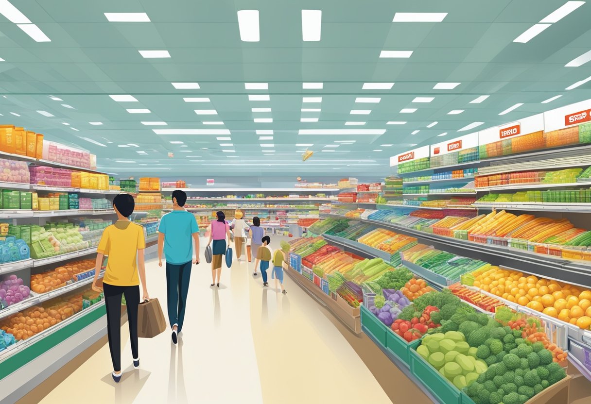 A bustling giant hypermarket in Singapore, filled with aisles of colorful products and busy shoppers