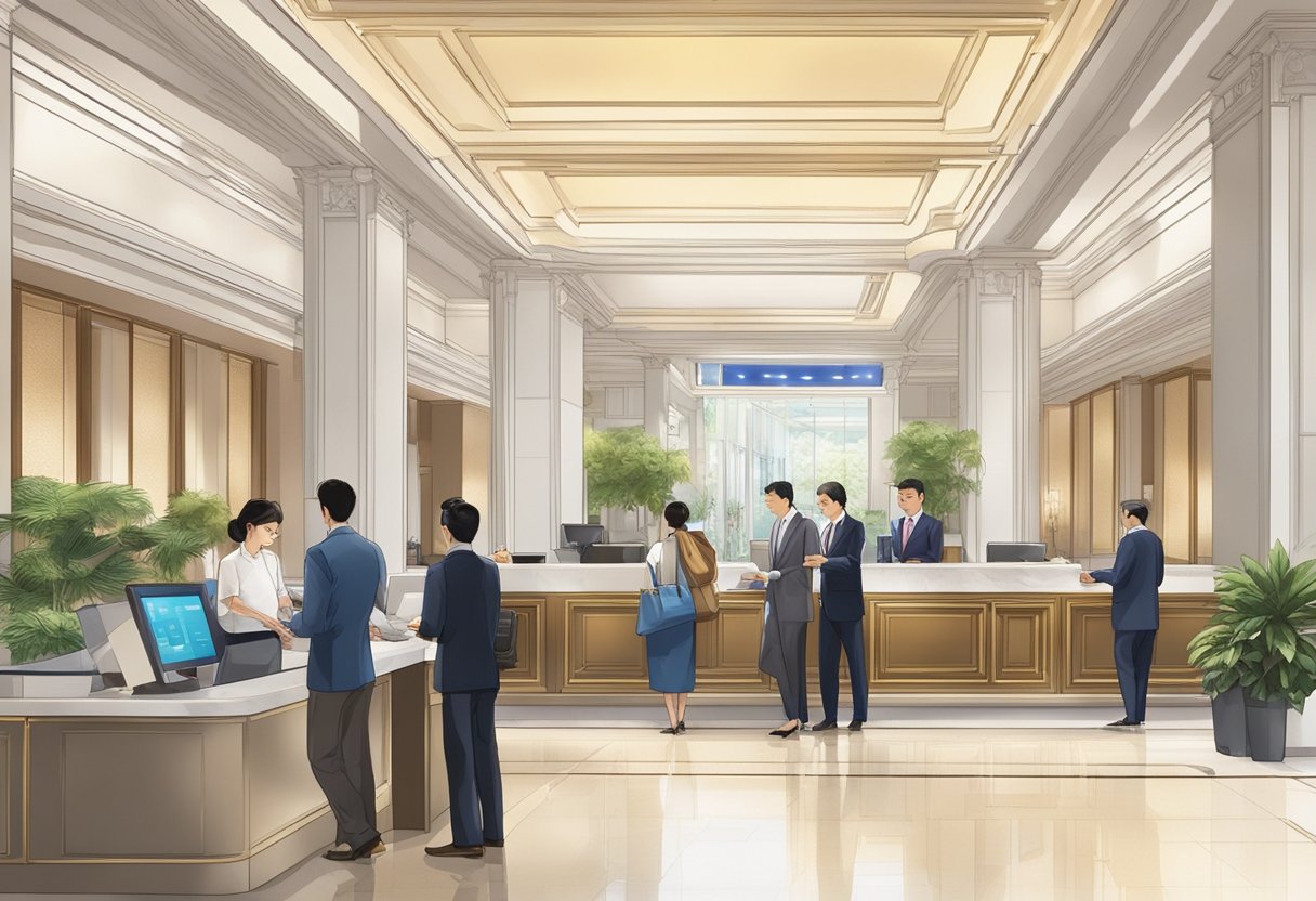 Guests line up at the concierge desk, while others consult a digital kiosk. The grand lobby of Fullerton Singapore is bustling with activity
