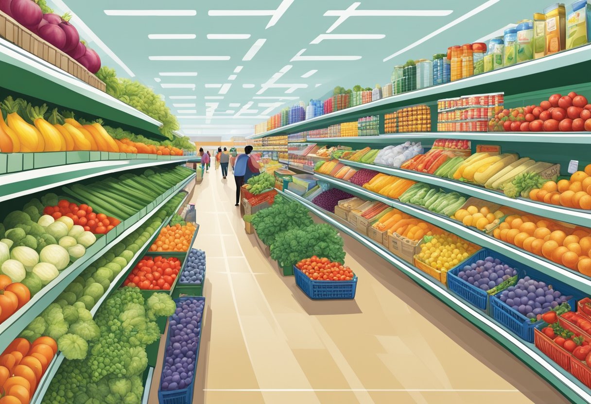 A bustling aisle of Giant Hypermarket, filled with colorful displays of fresh produce, towering shelves of household goods, and busy shoppers browsing the wide selection of products