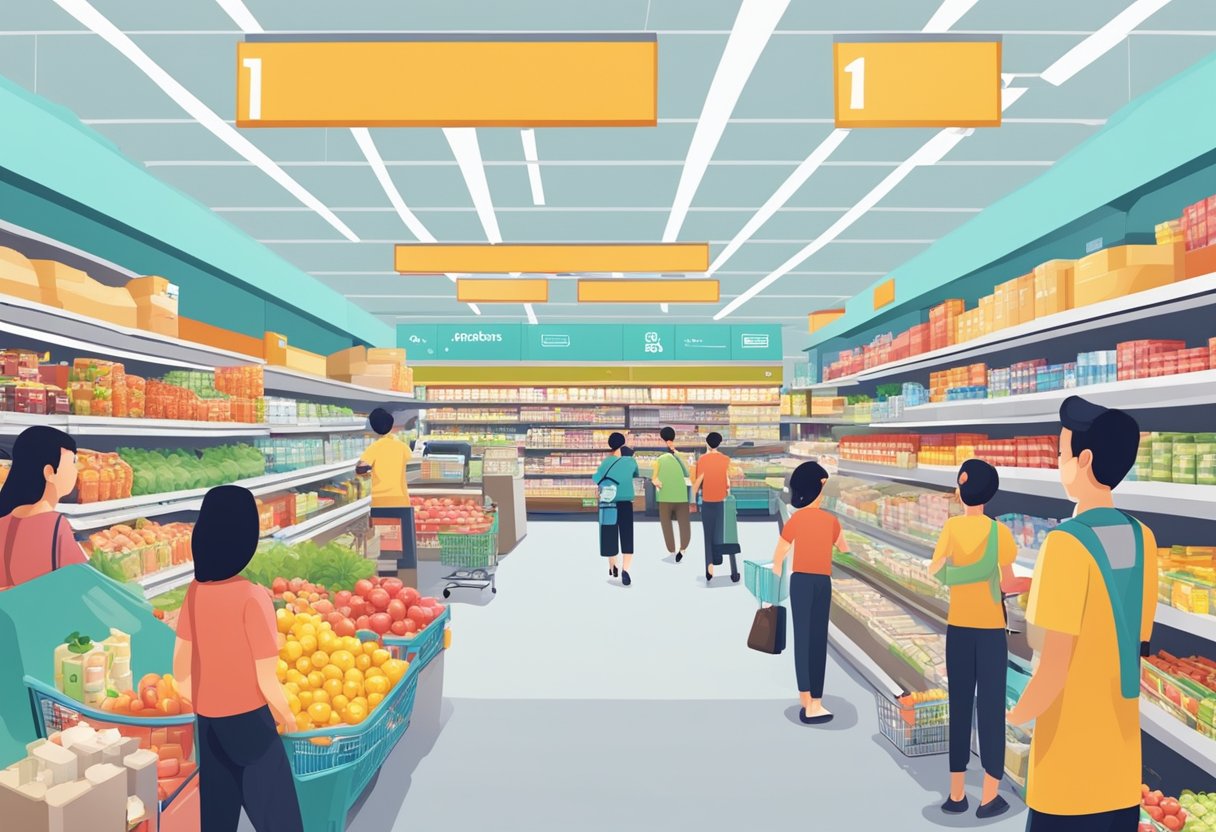 A bustling giant hypermarket in Singapore, with aisles filled with products and busy customers seeking answers to their frequently asked questions