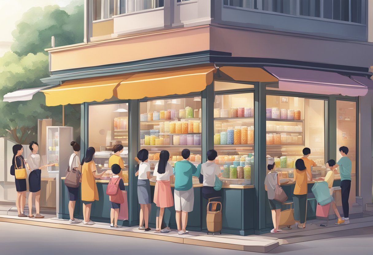 A bustling Gongcha Singapore store with colorful signage, a queue of customers, and staff preparing bubble tea drinks