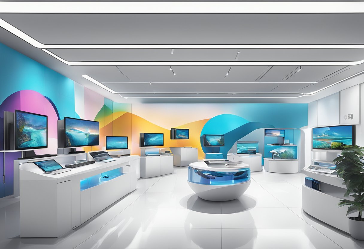 The HP showroom in Singapore features sleek, modern displays of cutting-edge technology and vibrant digital screens showcasing the latest products