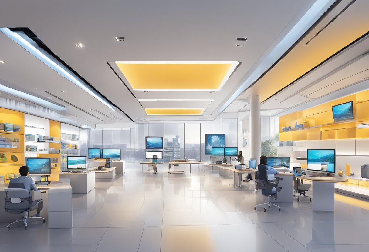 An expansive HP showroom in Singapore, showcasing a variety of sleek and modern technology products. Bright lighting illuminates the spacious layout, with interactive displays and vibrant digital screens drawing in visitors
