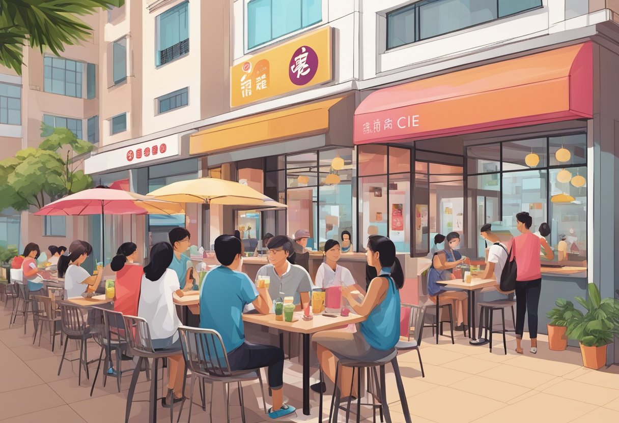 Customers enjoying a variety of colorful and delicious bubble tea drinks at a vibrant and bustling Gong Cha location in Singapore