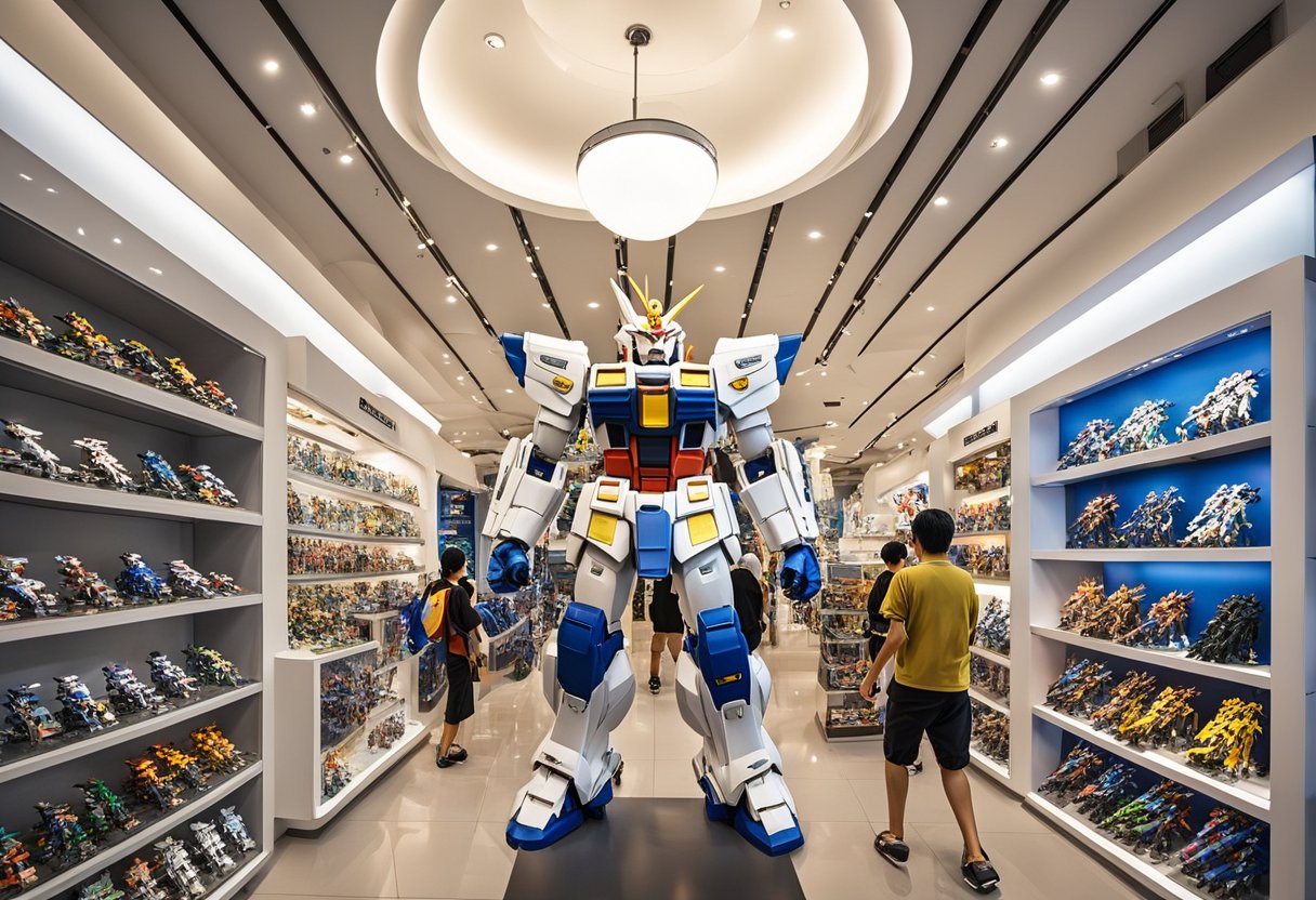 The Gundam Store in Singapore bustles with customers browsing shelves of model kits and collectibles. Brightly lit displays showcase the iconic mecha designs, while a life-size Gundam statue stands proudly at the entrance
