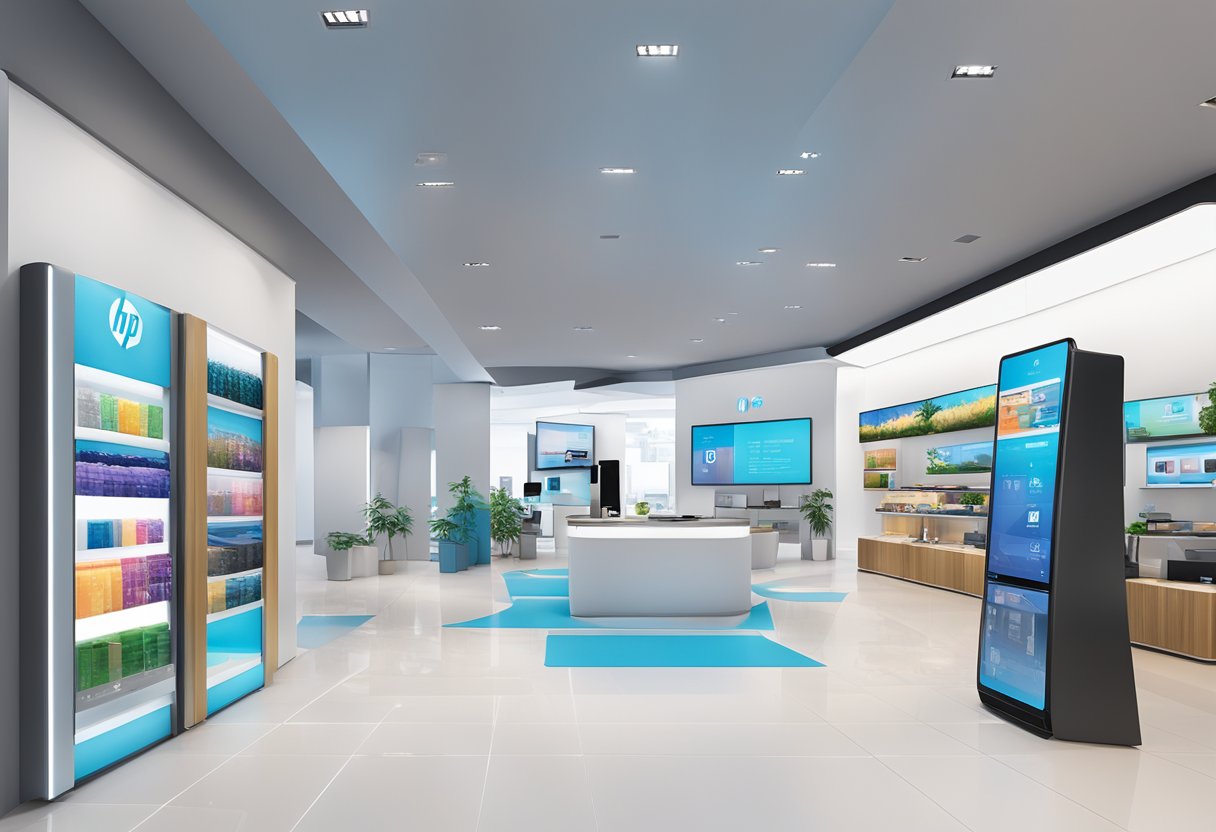 A bright and modern HP showroom in Singapore, with sleek displays and interactive kiosks showcasing the latest products